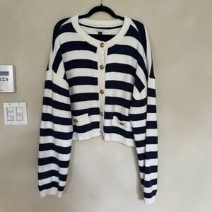 American Eagle Women's Navy Blue White Stripe Cropped Cardigan Sweater XXL